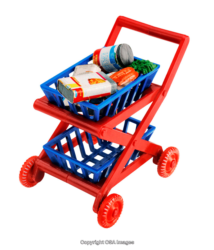 Red Plastic Toy Shopping Cart with Groceries Inside a Blue Basket