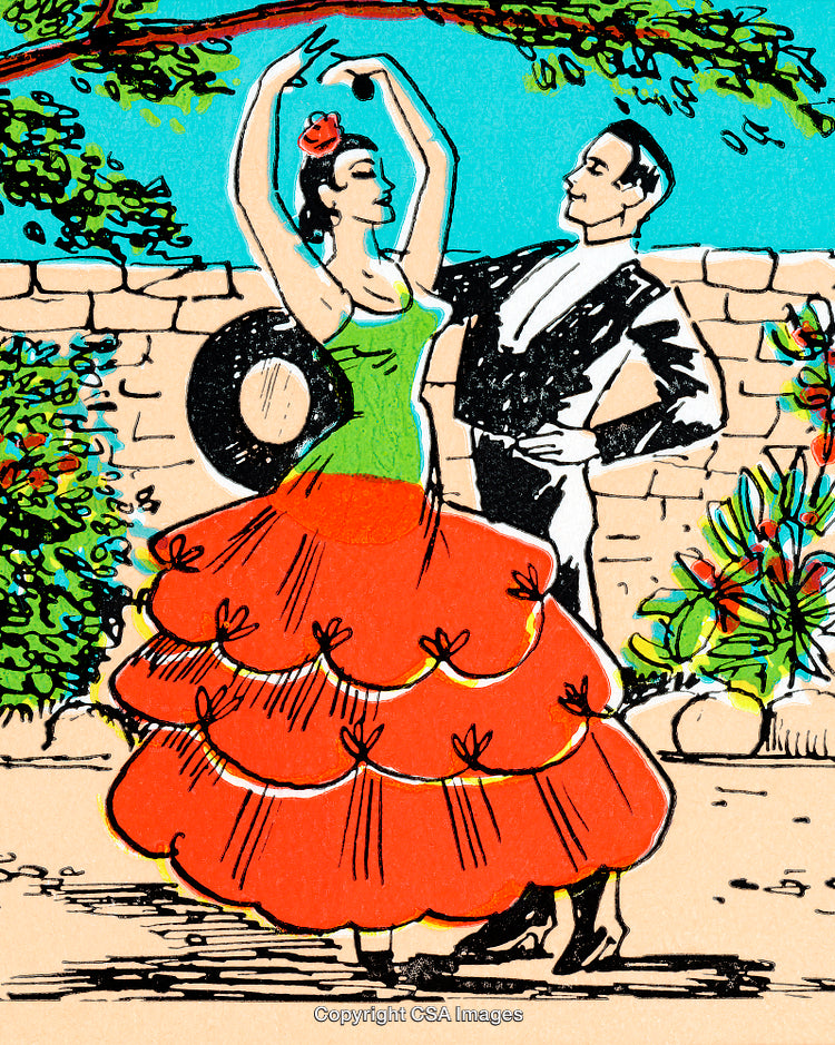 Traditional Flamenco Dance Performance with Festive Attire in Vibrant Outdoor Setting