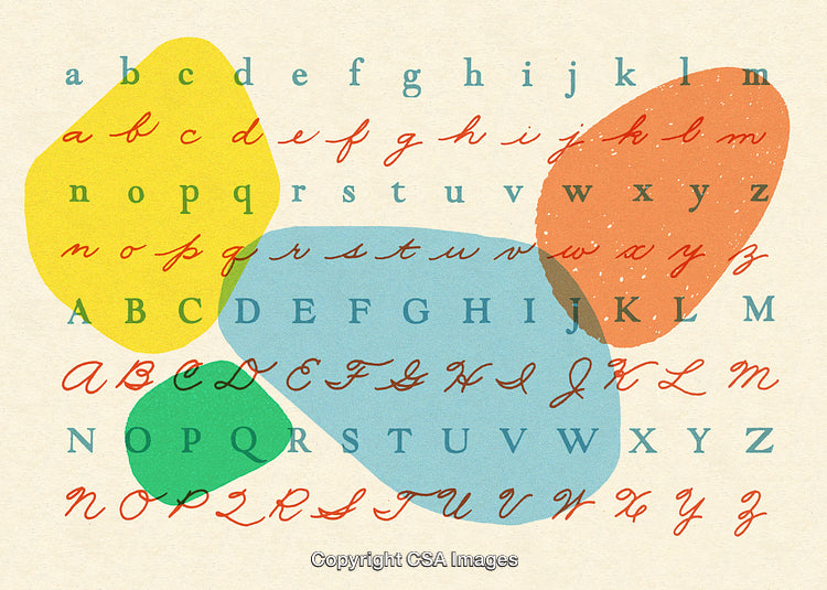 Colorful Alphabet with Overlaying Handwritten and Printed Typography
