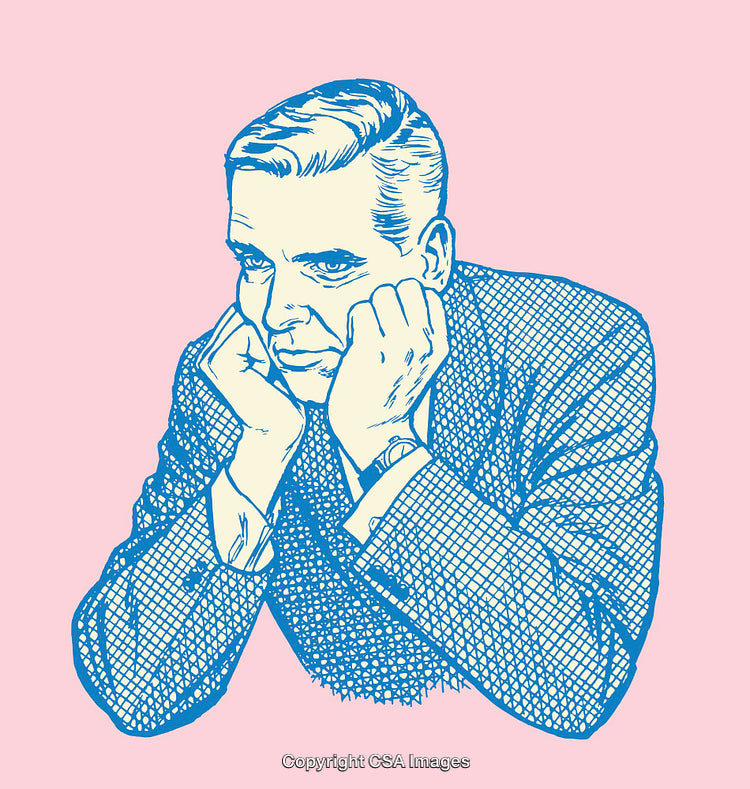 Vintage Pop Art Illustration of a Man in Thoughtful Pose on Pink Background