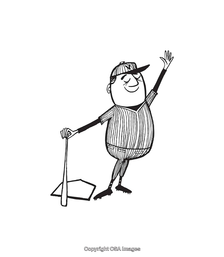 Cartoon Baseball Player Celebrating With Raised Arm and Baseball Bat