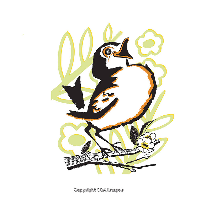 Illustrative Bird on Branch with Flowers and Leaves in Vibrant Colors