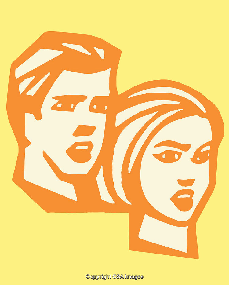 Colorful Line Art Illustration of a Man and Woman on Yellow Background
