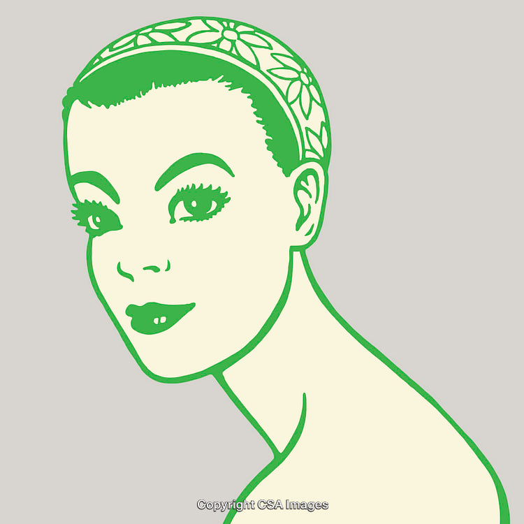 Stylish Retro Woman Portrait in Green and Beige Color Line Art