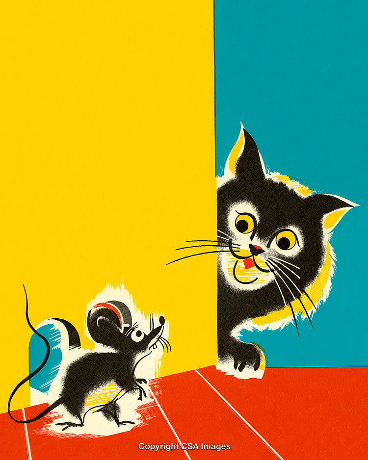 Playful Cat Watching a Curious Mouse in a Vibrant Colorful Scene