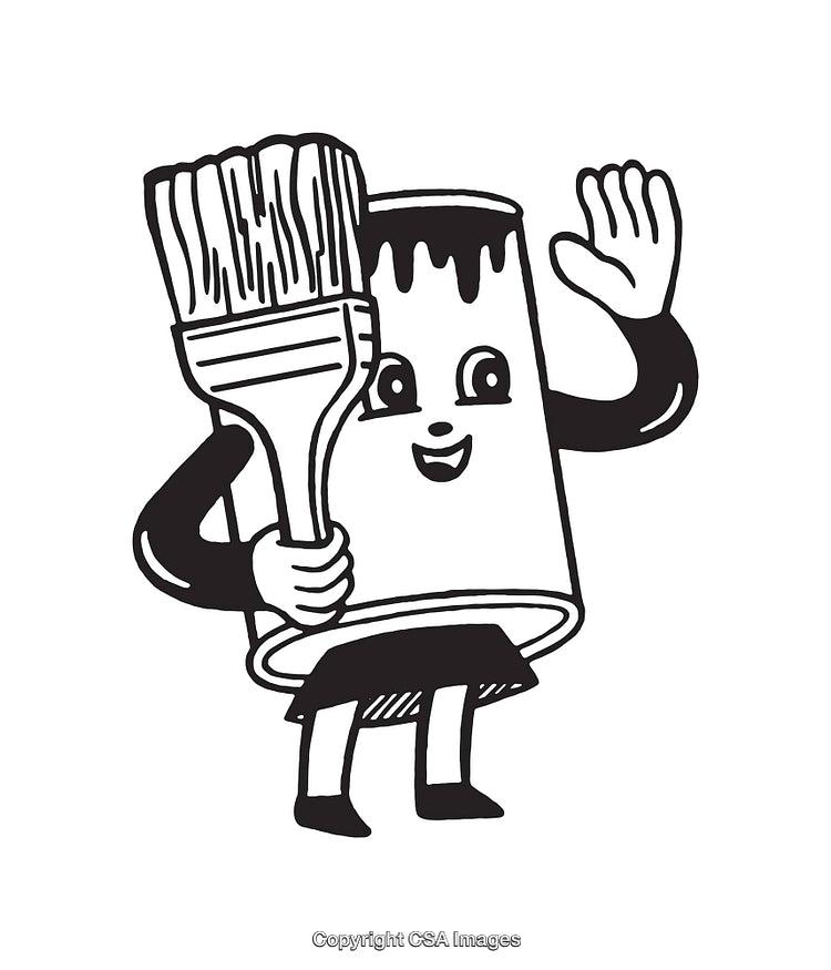 Cheerful Paint Can Character Holding Brush in Black and White Illustration