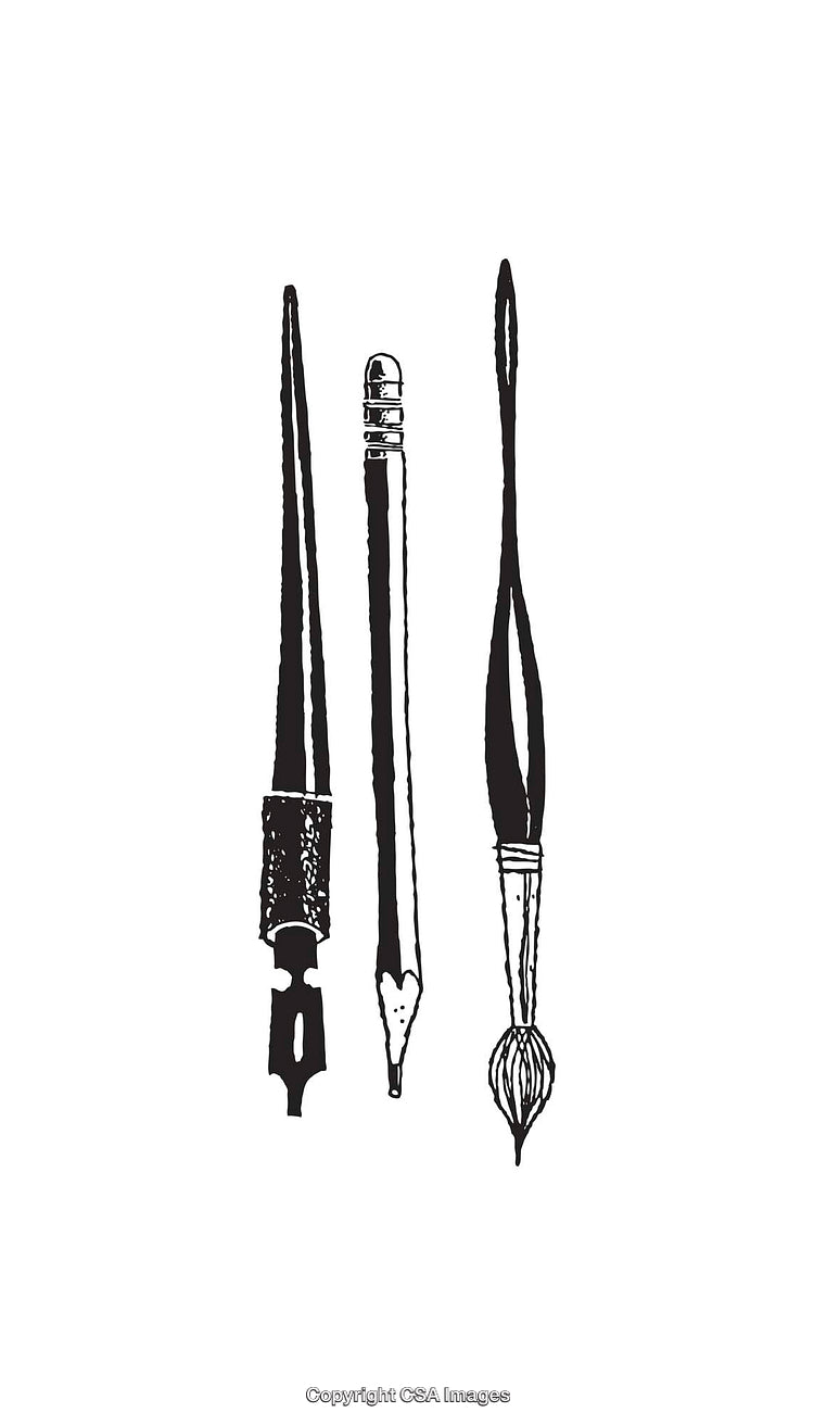 Hand-Drawn Line Art Illustration of Pen, Pencil, and Brush Tools