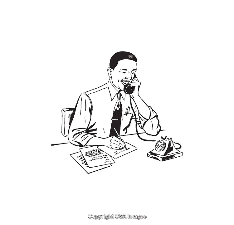 Classic Black And White Line Art of Office Worker Talking on Telephone