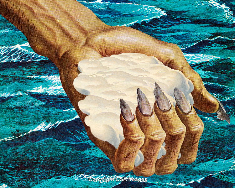 Abstract Hand Holding Mystical Object with Ocean Background