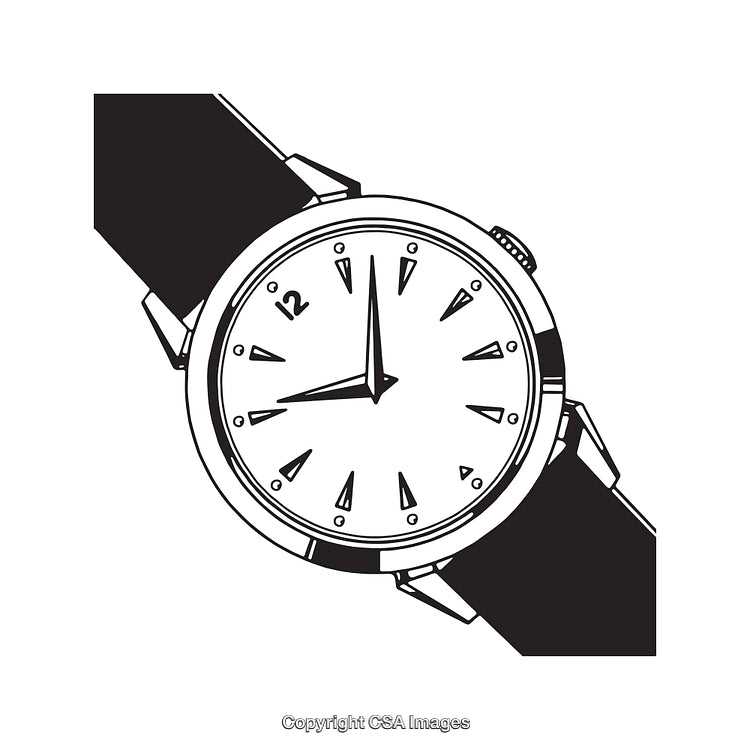 Illustrated Black and White Line Art of a Stylish Wristwatch