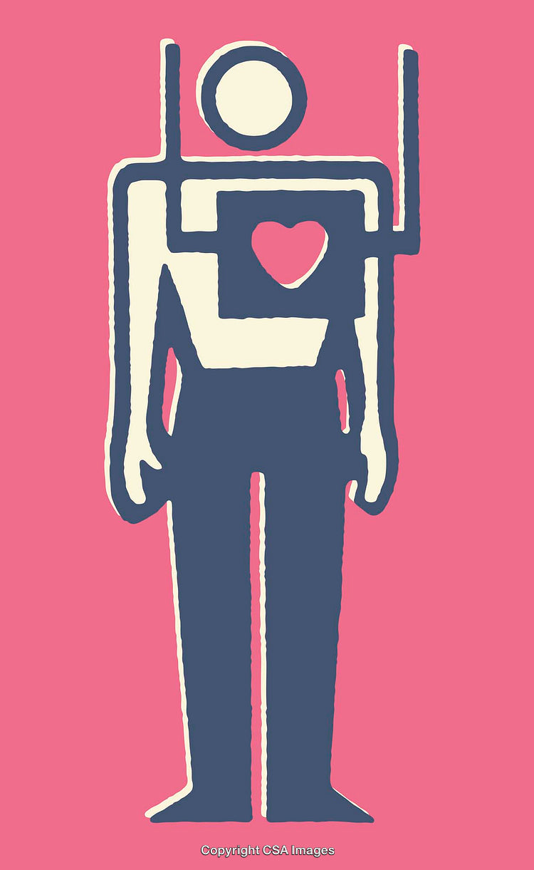 Abstract Line Art Illustration of Robot Figure with Heart on Pink Background