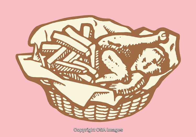 Hand-Drawn Illustration of Food Basket with Chicken and Fries
