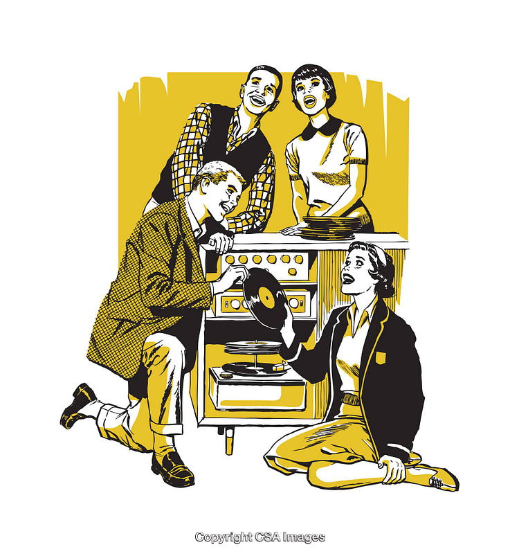Retro Illustration of Friends Listening to Records at a Gathering