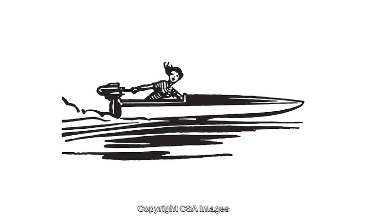 Black and White Illustration of a Speedboat with Rider in Motion