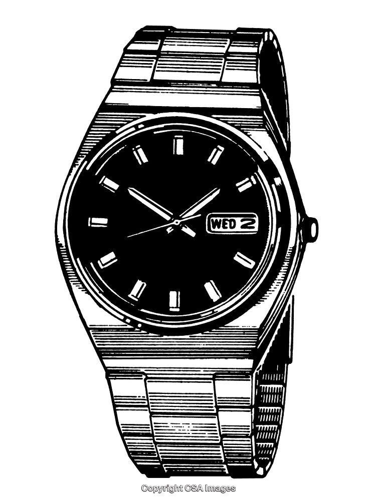 Black and White Engraving of a Stylish Wristwatch with Bracelet Band