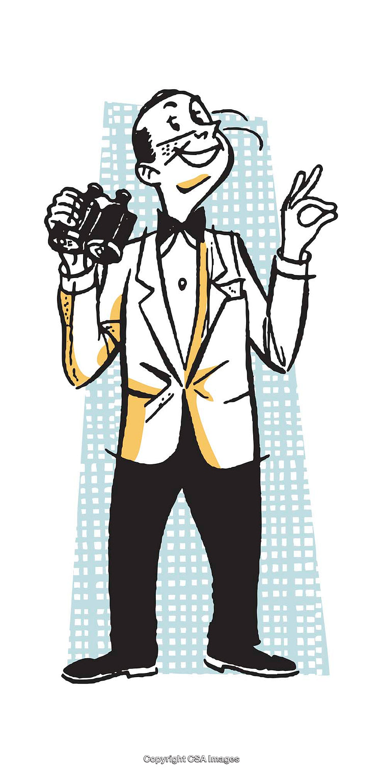 Retro Cartoon Illustration of a Cheerful Gentleman Holding Binoculars