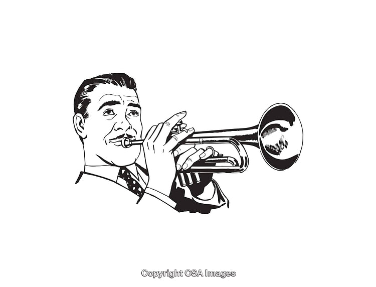 Illustration of a Musician Playing a Trumpet in Black and White