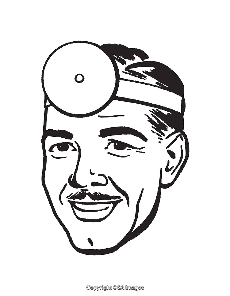 Retro Black and White Line Art Illustration of a Smiling Doctor