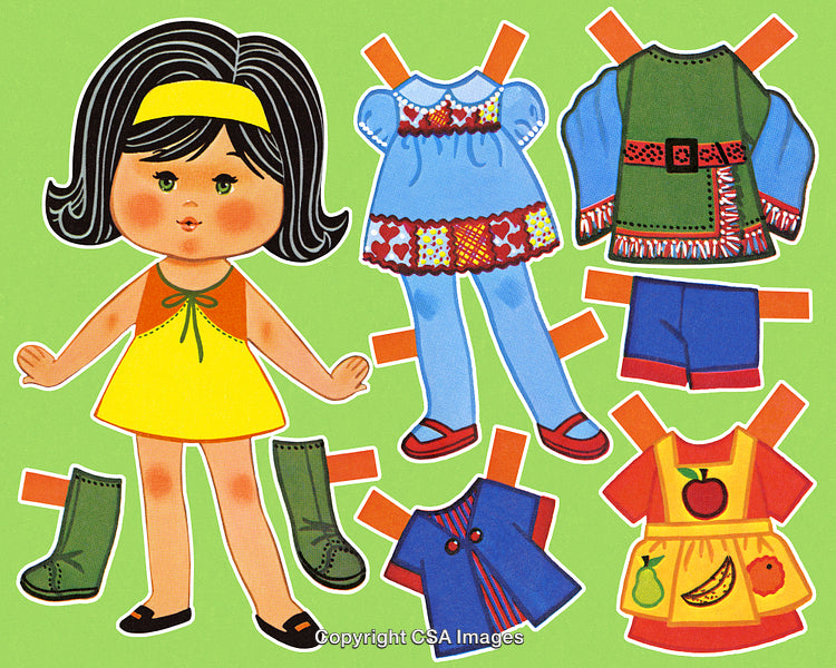 Vintage Paper Doll With Outfits and Accessories on Green Background