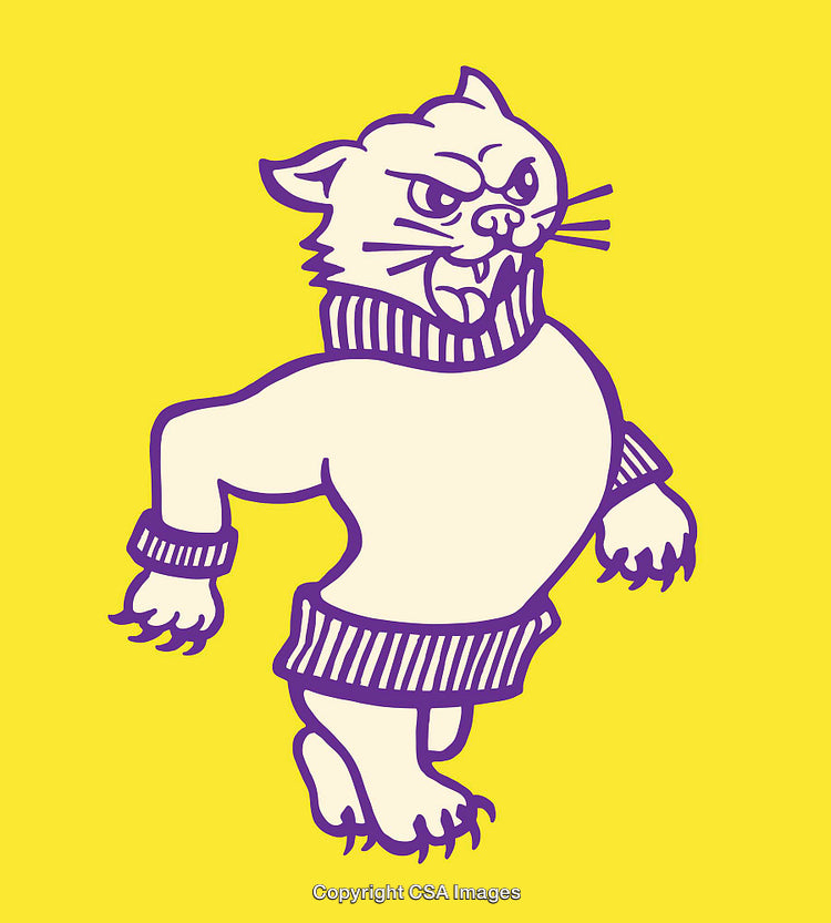Stylized Illustration of an Anthropomorphic Cat Wearing a Sweater on Yellow Background