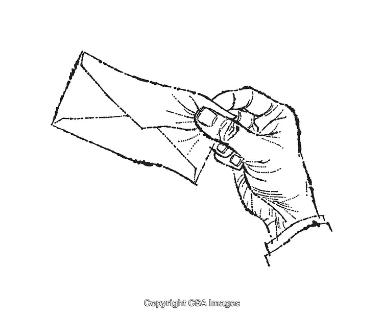 Illustration of a Hand Holding an Envelope in Black and White Line Art