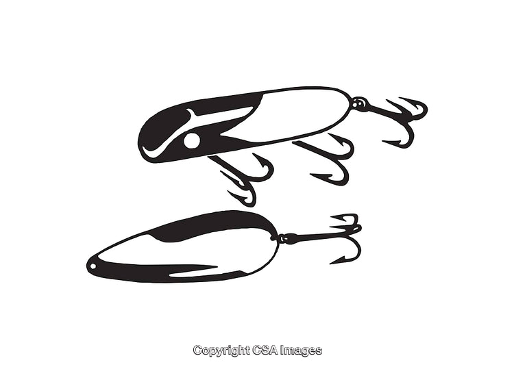 Black and White Illustration of Fishing Lures with Hooks