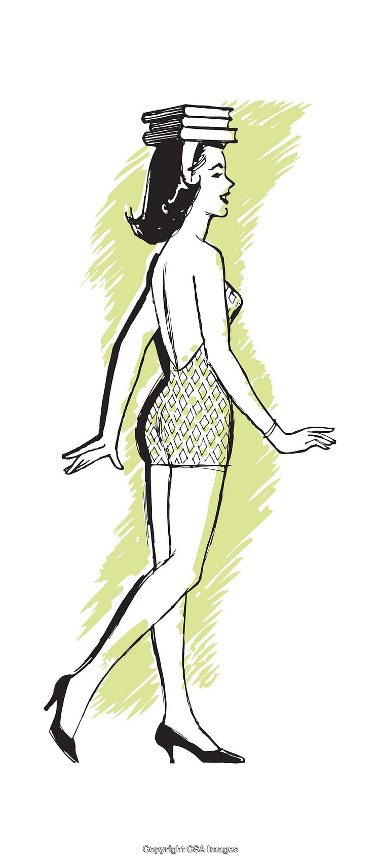 Stylized Illustration of a Woman Balancing Books on Her Head in Motion