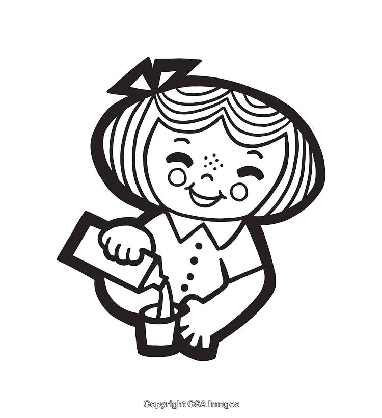 Black and White Cartoon of a Happy Child Pouring a Drink