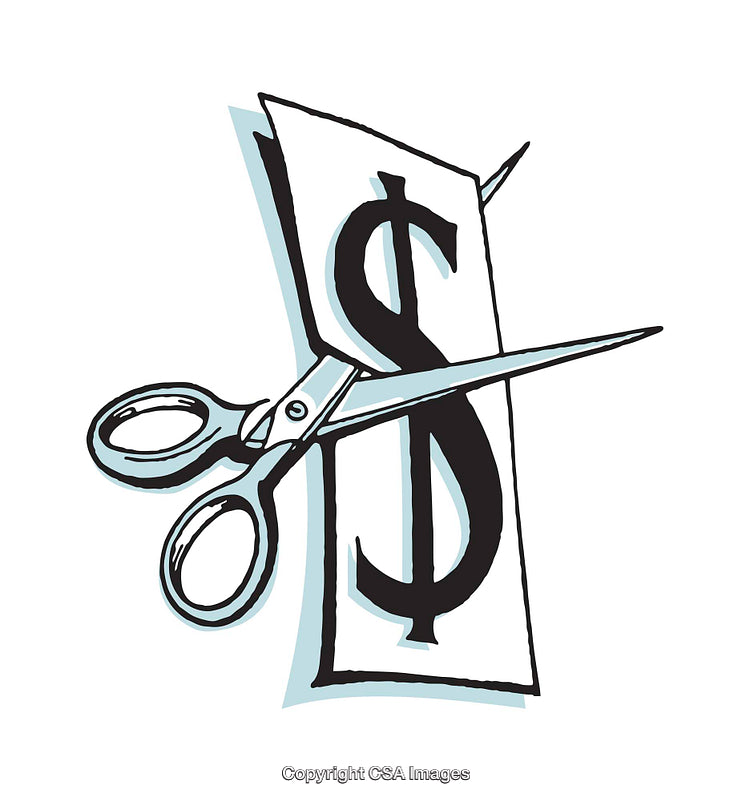 Cartoon Illustration of Scissors Cutting Through a Dollar Symbol on Paper