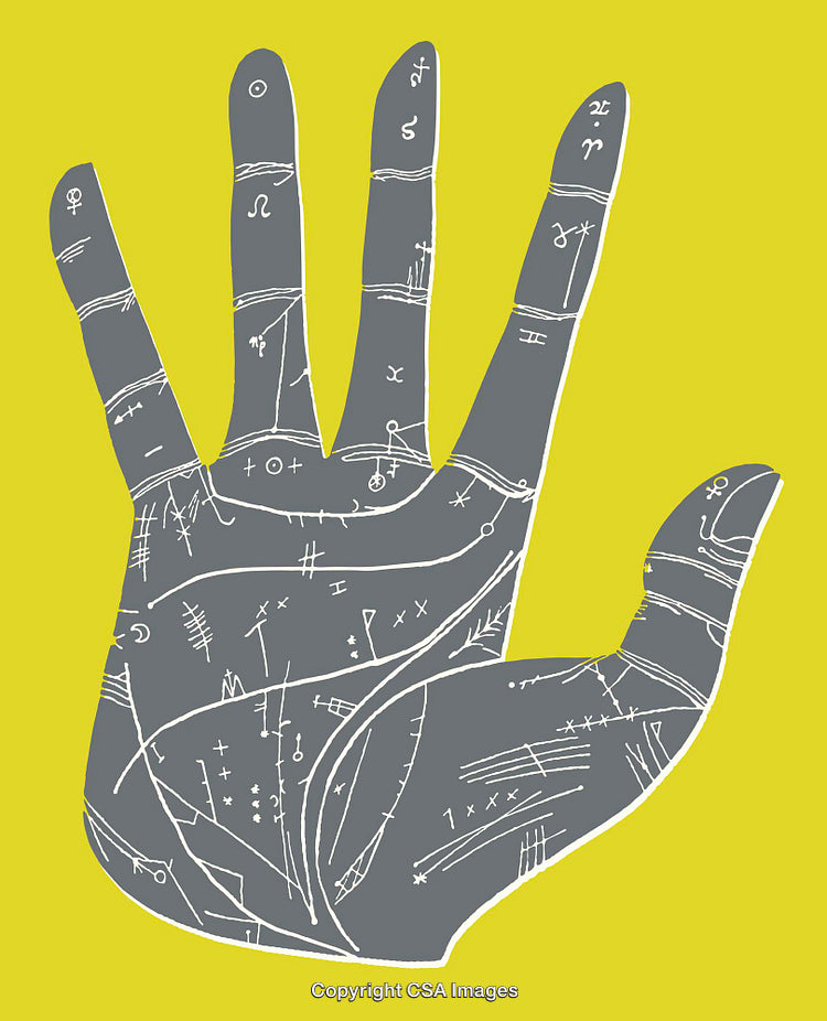 Illustrative Dark Hand Palmistry Chart on Vibrant Yellow Background