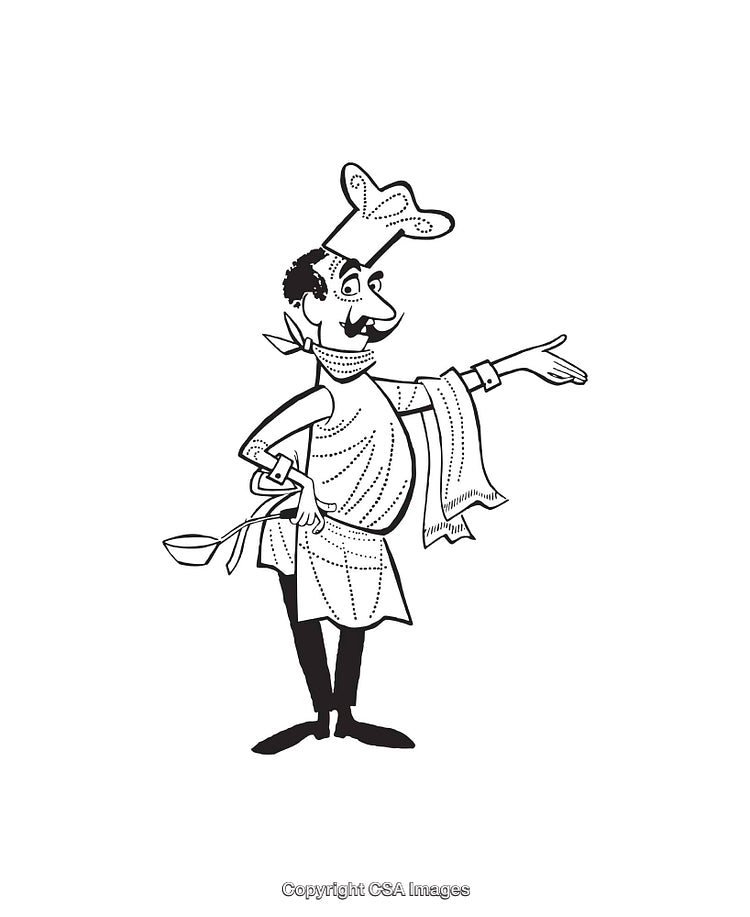 Illustration of a Chef Holding a Ladle and Pointing with Expression