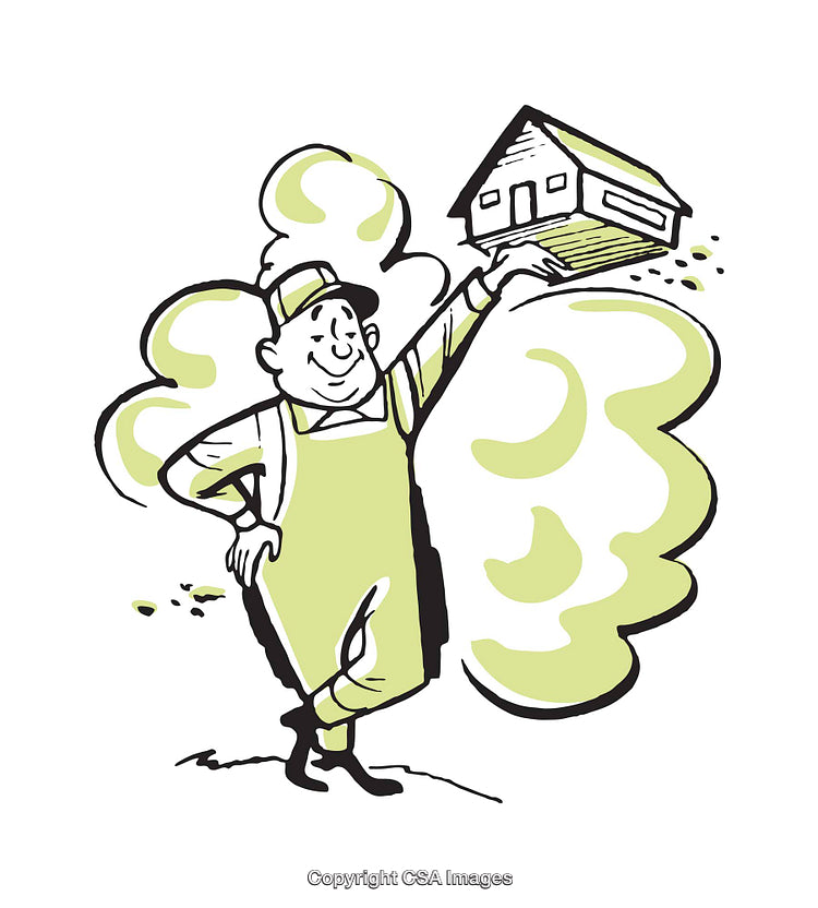 Cheerful Cartoon Worker Holding a House in Hand with a Green Glow