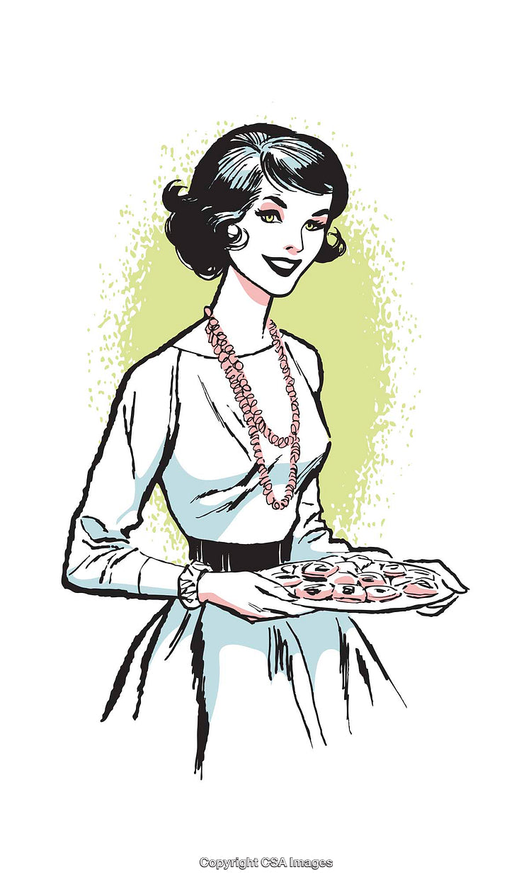 Vintage Woman Holding a Tray of Donuts with Retro Styling