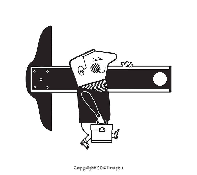 Black and White Line Art Illustration Featuring a Businessman and Tools