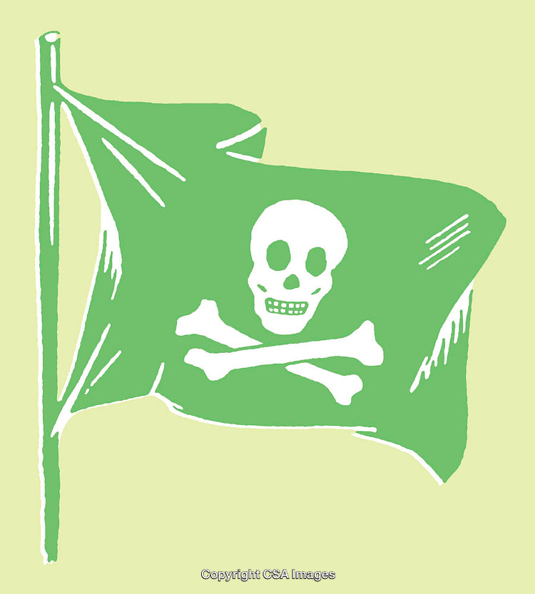 Green Jolly Roger Pirate Flag Line Art Illustration on Yellow Background