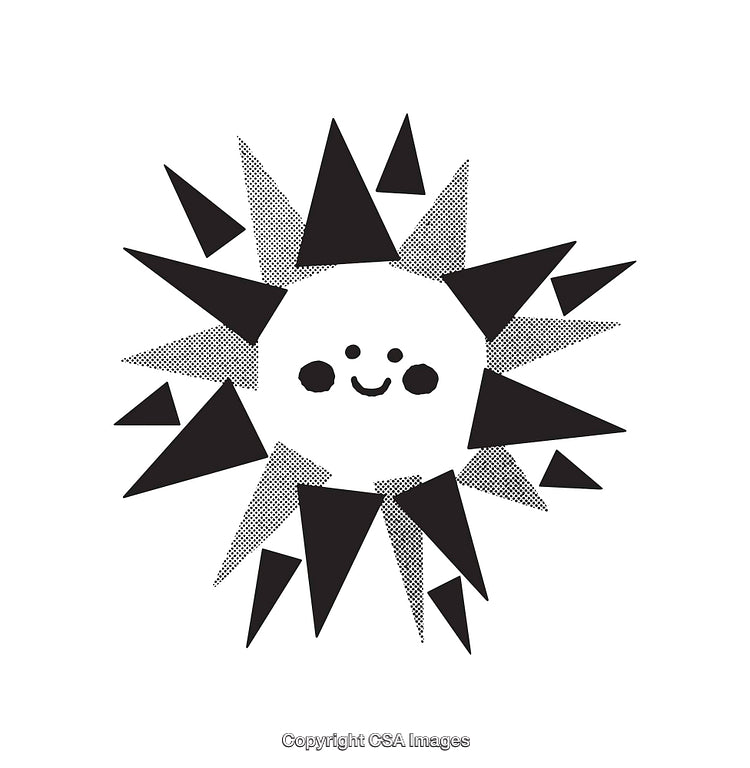Smiling Sun Illustration With Geometric Patterns in Black and White