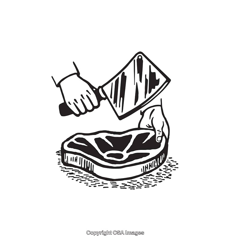 Black and White Line Drawing of a Cleaver Cutting Fresh Meat on a Surface