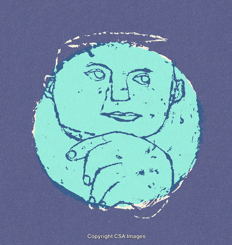 Abstract Line Drawing of a Pondering Face in Blue Tone