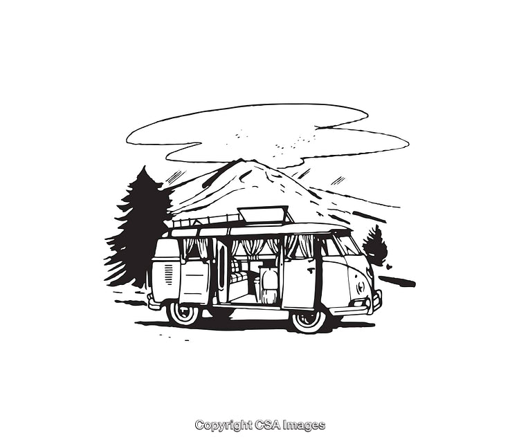 Retro Camper Van Illustration Amidst Mountain Scenery in Black and White Line Art