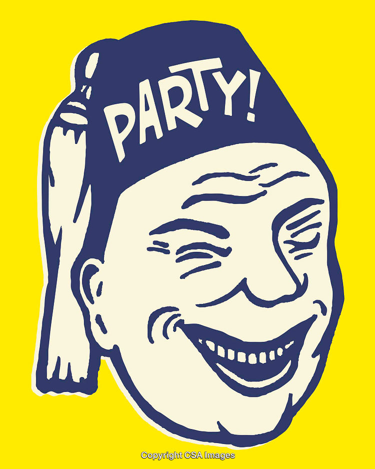 Colorful Retro Party Illustration Featuring Smiling Face and Bold Font