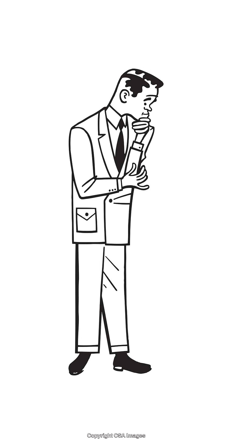 Black and White Illustration of a Thoughtful Business Person Standing in Contemplation