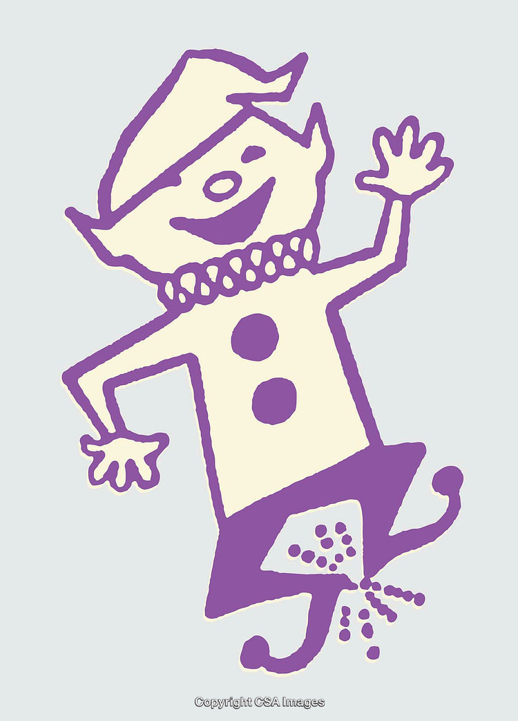 Playful Cartoon Elf Illustration in Purple and Beige Line Art