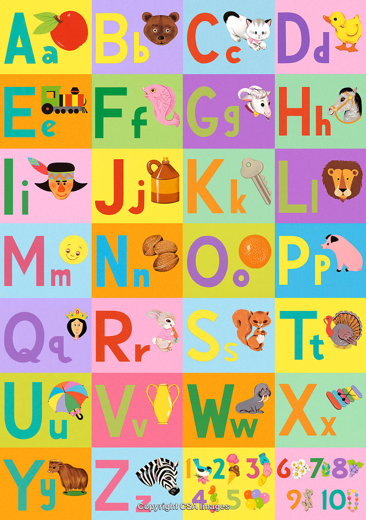 Colorful Alphabet Chart with Animals, Objects, and Numbers for Kids Learning