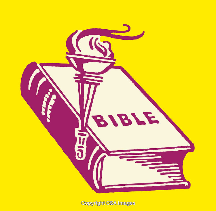 Vintage Illustration of an Open Bible with a Torch on Yellow Background