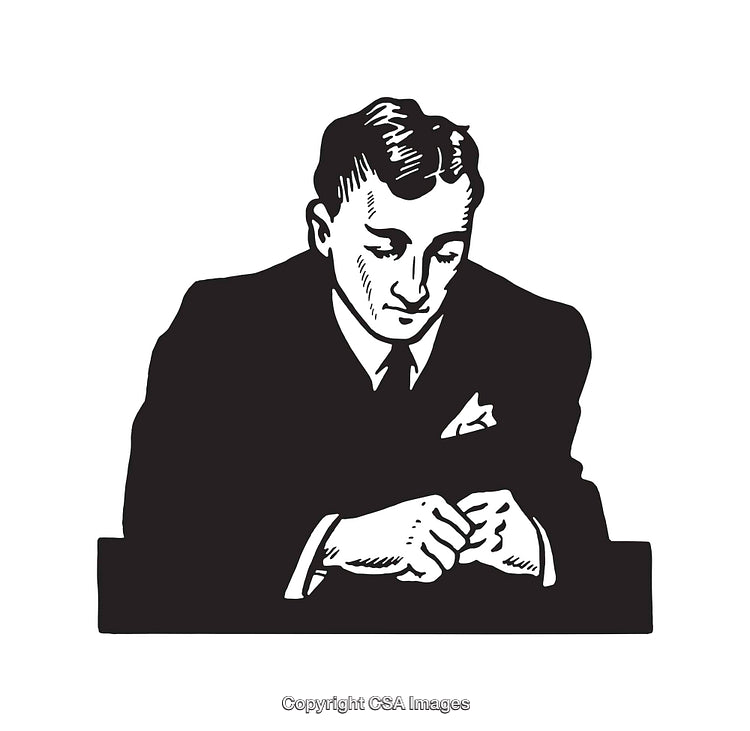 Black and White Illustration of Thoughtful Businessman in Suit