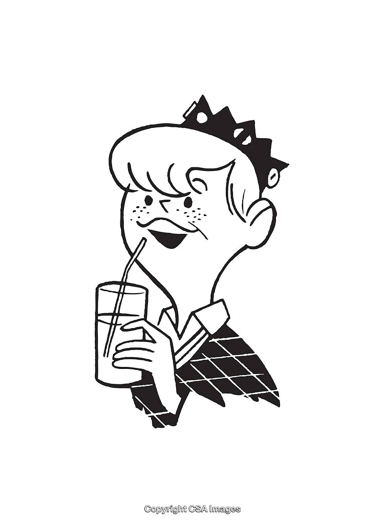 Black and White Illustrated Child with Crown Holding a Drink