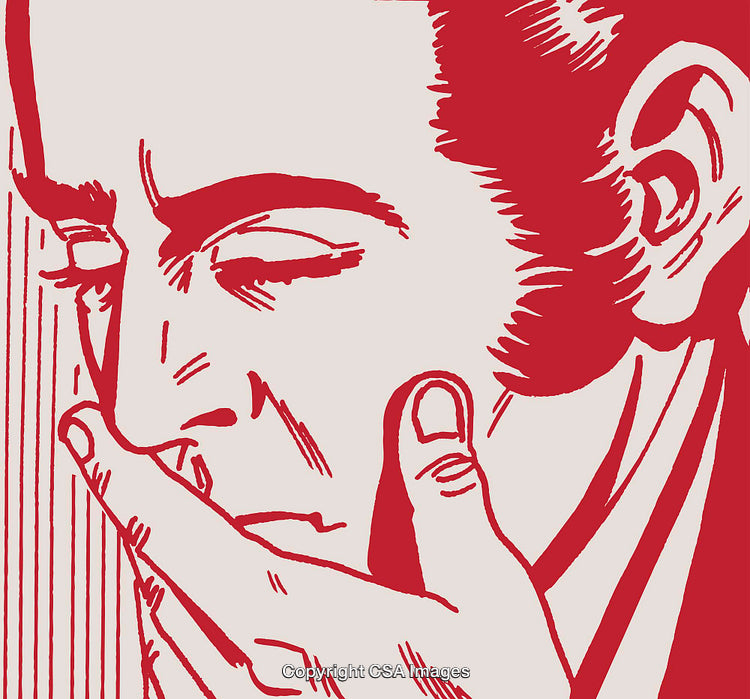 Red and White Illustration of Pensive Man in Thoughtful Pose