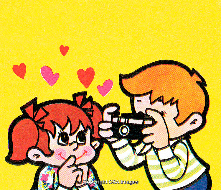 Cute Cartoon Illustration of a Boy Taking a Girl's Picture with Hearts