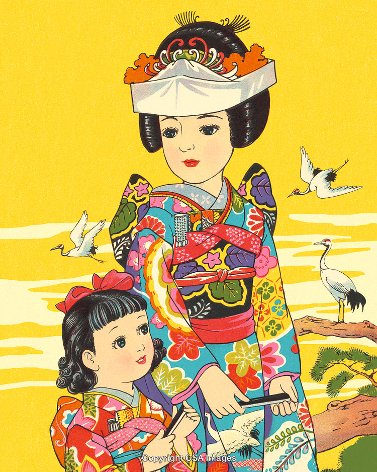 Traditional Japanese Artwork of Women in Kimonos with Elegant Floral Patterns