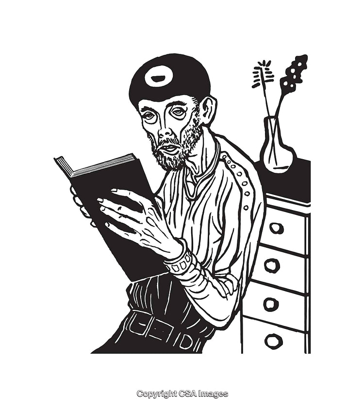 Black and White Line Art Illustration of a Person Reading a Book